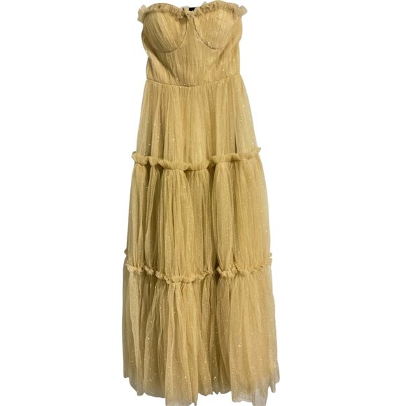 BRIDESS Dress New Tiered Tulle Strapless Sparkly Prom Gold Gown size 2 - Picture 1 of 13